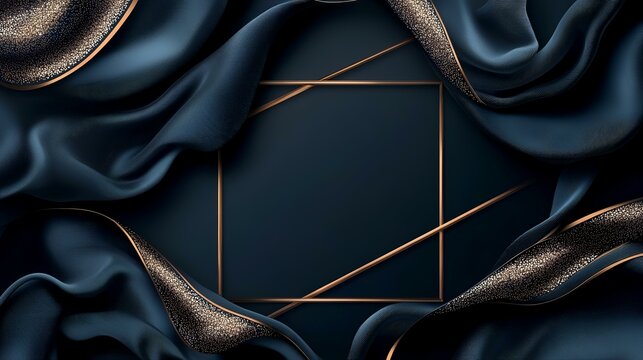 Dark blue silk fabric drapes frame a gold square, elegant background for luxury product or invitation