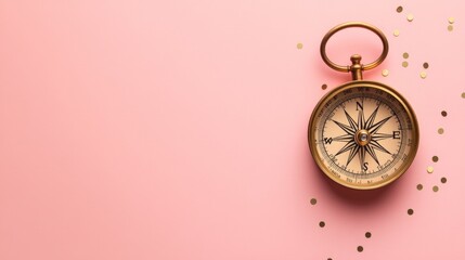 A gold colored compass is on a pink background. The compass is pointing to the right