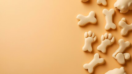 Dog treats shaped like bones and paws on pastel background; pet food advertisement
