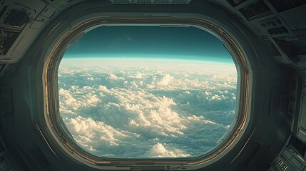 A futuristic spacecraft interior featuring a large window that frames a view of Earth from space.