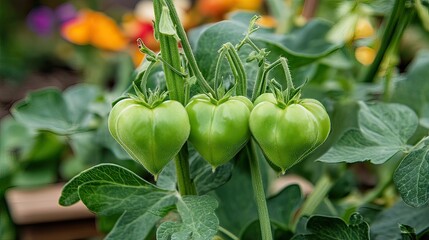 Green heart-shaped tomatoes growing in garden, blurred flowers background, food blog