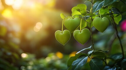 Heart-shaped fruits on branch, garden sunset, nature