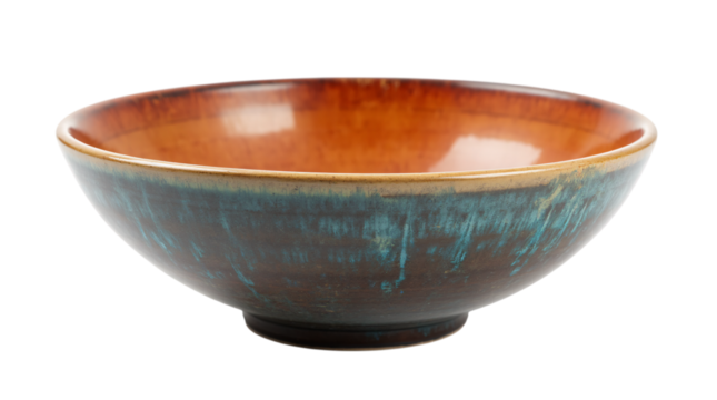 Artisan Ceramic Bowl with Blue and Orange Glaze Isolated on a Transparent Background (PNG).