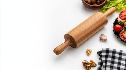 Wooden Rolling Pin on White Background - A rustic wooden rolling pin rests on a pristine white surface, symbolizing baking, culinary arts, home cooking, simplicity, and wholesome ingredients.
