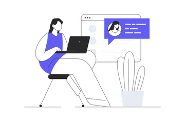 Client experience review. Woman leaves feedback message on the product review page. Flat Cartoon Vector Illustration, icon. Stylish abstract 