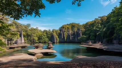 Serene tropical landscape featuring a calm turquoise lake surrounded by unique rock formations and lush greenery under a clear blue sky.
