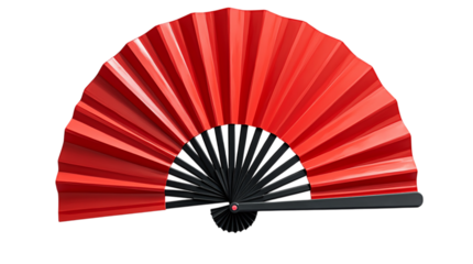 Red and Black Hand Fan with Elegant Folded Design Isolated on a Transparent Background (PNG).