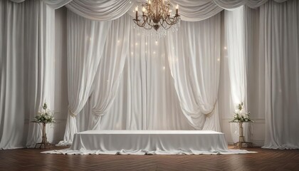 Trendy photo stage with draped white curtains and elegant chandelier, possessions, swanky, posh