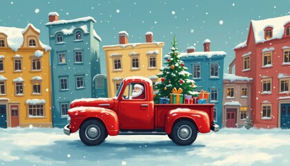A cheerful Santa Claus drives a classic red truck, overflowing with colorful presents and a beautifully decorated Christmas tree, through a snowy, picturesque town. The charming backdrop of pastel
