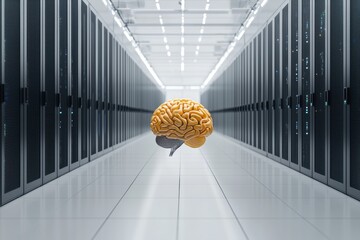 Futuristic AI brain hub in a modern server environment, cables connecting laptops to a neural structure, symbolizing artificial intelligence and data-driven innovation