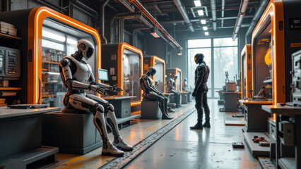 Fototapeta premium Futuristic factory with robots working.