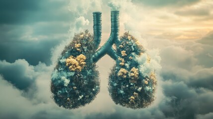 Obraz premium Surreal depiction of lungs made from industrial smog, symbolic representation of health and pollution, creative composition. 