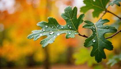 Fototapeta premium Oak leaves with dew drops in colorful autumn forest background
