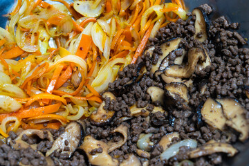 Japchae ingredients of stir-fried onion, carrot, beef and shiitake mushroom in the bowl