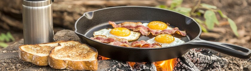 Campfire Breakfast Cast Iron Skillet Eggs and Bacon, Toast, Camping Food, Outdoor Cooking Camping, Breakfast
