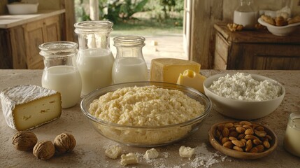 Fototapeta premium Dairy Product Still Life Milk, Cheese and Almond Composition, Rustic Kitchen Setting, Food Photography Dairy, Food Photography