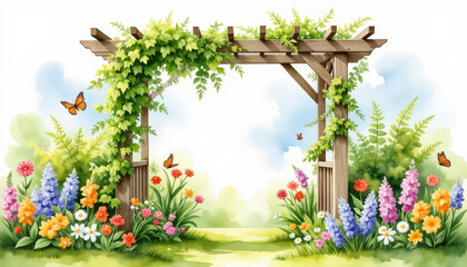 Fototapeta premium Lush wooden arbor adorned with ivy in colorful garden, serene harmony