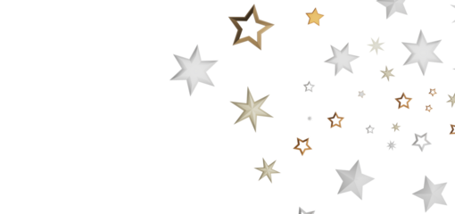 A collection of golden and white stars on a black background, perfect for a festive or celestial theme.