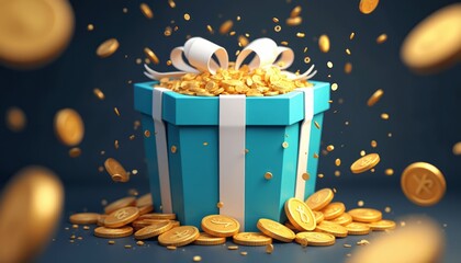 This vibrant turquoise gift box, adorned with a crisp white ribbon, bursts with a cascade of glimmering gold coins, creating a festive and celebratory atmosphere. The scene radiates joy and abundance
