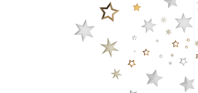 A collection of golden and white stars on a black background, perfect for a festive or celestial theme.