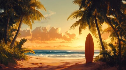 a surfboard leaning against palm trees on the beach with waves in the background