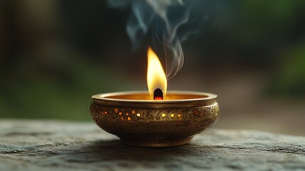 elegant brass diya with flickering flame and smoke in serene setting