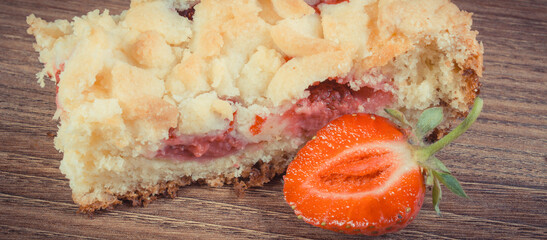 Fresh baked yeast cake with strawberries. Delicious dessert for different occasions