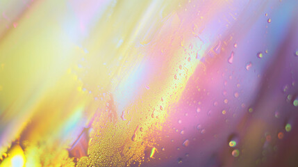 Colorful abstract background with water droplets on a gradient surface, reflecting light with a bokeh effect.