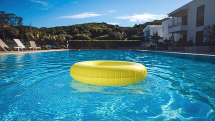 A bright yellow pool float rests peacefully on the shimmering blue water of a tranquil swimming pool under a clear sky.