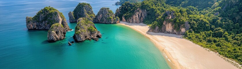 Fototapeta premium A stunning aerial view of a tropical beach with clear turquoise waters, rocky formations, and lush greenery lining the shore.