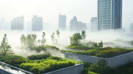 Obraz premium Urban rooftop garden partially engulfed in smog, contrasting clean greenery with polluted atmosphere, unique environmental message.