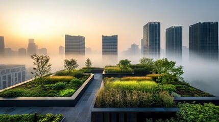Fototapeta premium Urban rooftop garden partially engulfed in smog, contrasting clean greenery with polluted atmosphere, unique environmental message.