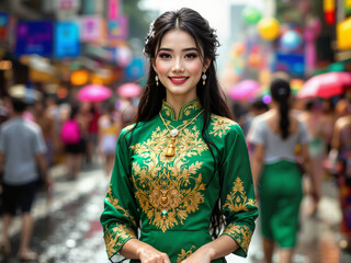Fototapeta premium A smiling Thai woman in a traditional green dress celebrates the Songkran Festival on a busy street