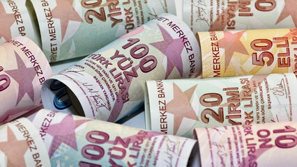 banknotes of various countries. turkish lira photos.