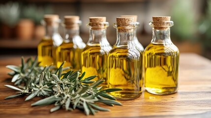 Rosemary infused oil bottles, wooden table, kitchen setting, product shot