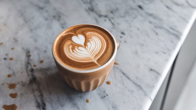 A beautifully crafted cappuccino with intricate latte art, sitting on a marble countertop, creating a warm and inviting atmosphere.