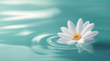 White water lily floating gracefully on calm turquoise water with copy space