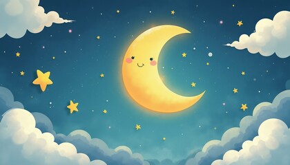 Naklejka premium A charming crescent moon with rosy cheeks and a joyful smile shines brightly in a dreamy night sky filled with twinkling stars and soft, fluffy clouds. This enchanting illustration evokes feelings of