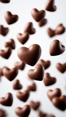 Fototapeta premium 3d Milk chocolate heart pralines dropping valentine love, floating against pristine white background, evoking sweet romantic mood. Vertical format Mocha Mousse