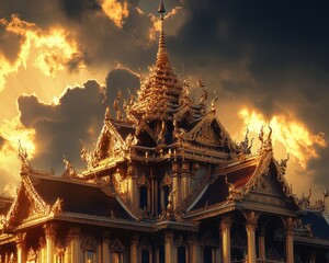 Naklejka premium Golden Temple Roof at Sunset Dramatic Sky