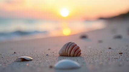 Tropical beach with various shells in sand, copyspace for text. Concept of summer relaxation