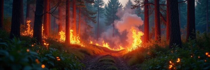 Flames rise from the underbrush as the fire spreads quickly, forest, nature