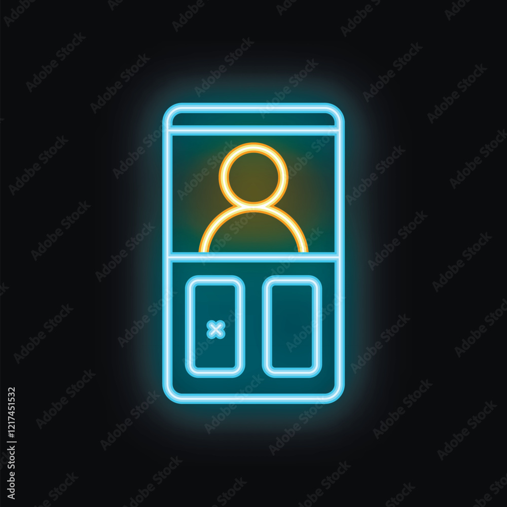 Poster glowing neon icon of a smartphone displaying a user profile with the option to delete the account, s