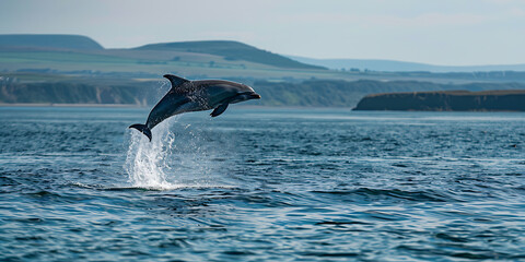 Fototapeta premium Playful Dolphin Leaping Against Blue Sky and Rolling Hills 
