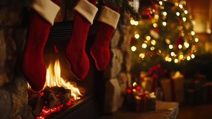 Cozy fireplace with holiday stockings. Featuring a cozy fireplace adorned with holiday stockings. Highlighting warmth and festive decor. Ideal for holiday home settings.