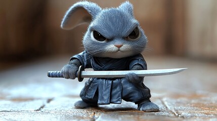 Angry grey rabbit ninja holding katana.