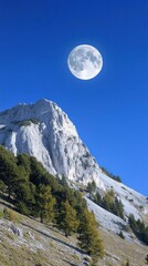 Majestic mountain under a bright moon and clear blue sky.