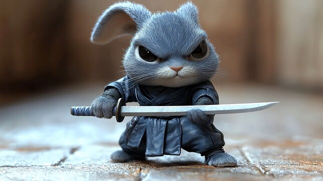 Angry grey rabbit ninja holding katana.