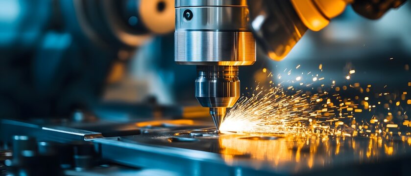 Precision machining process with high-tech CNC milling machine creating sparks while shaping metal in a modern industrial workshop environment showcasing advanced technology