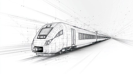 Wireframe model of a high-speed train on tracks.